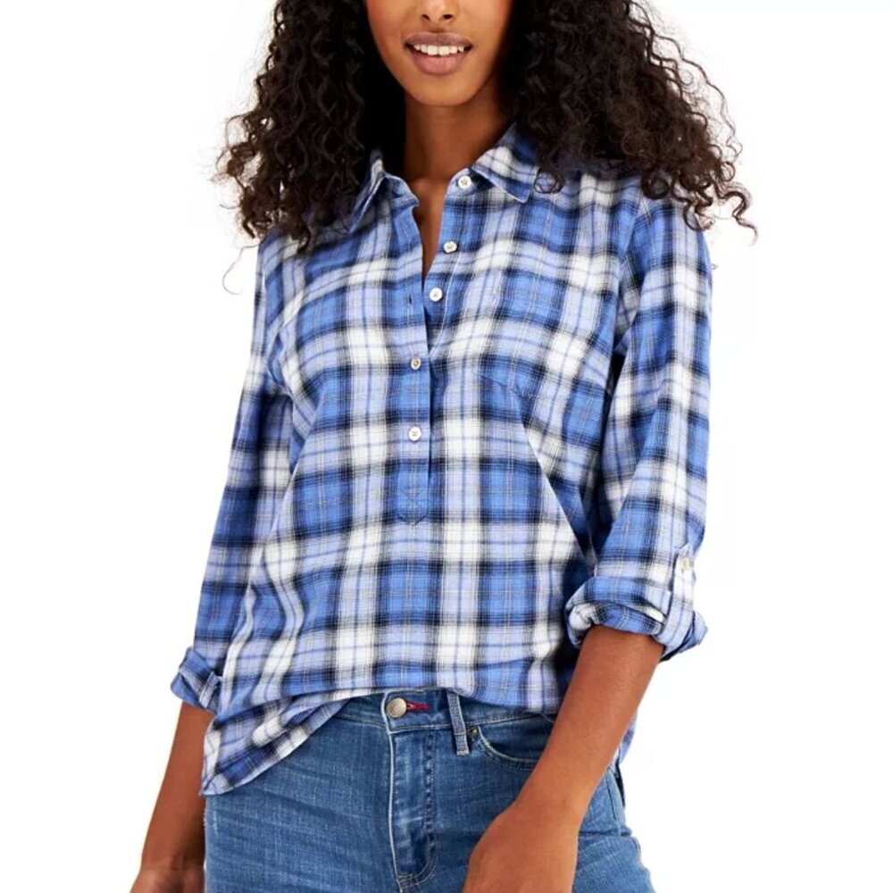 J. Crew 100% Cotton Plaid Shirt Women's Size Small Blue White Medium weight Exce